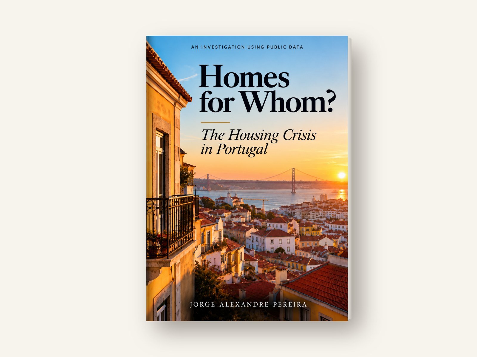 Mock-up of the book Homes for Whom?, standing upright with the cover in view.