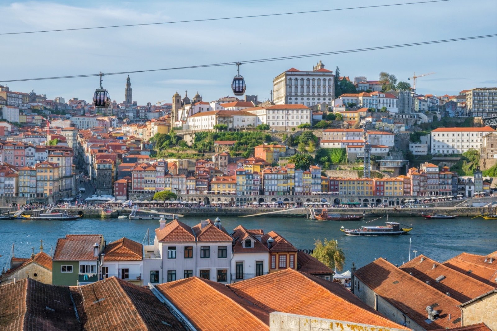 Casario do Porto visto da margem de Gaia, com o rio Douro e o teleférico em primeiro plano.